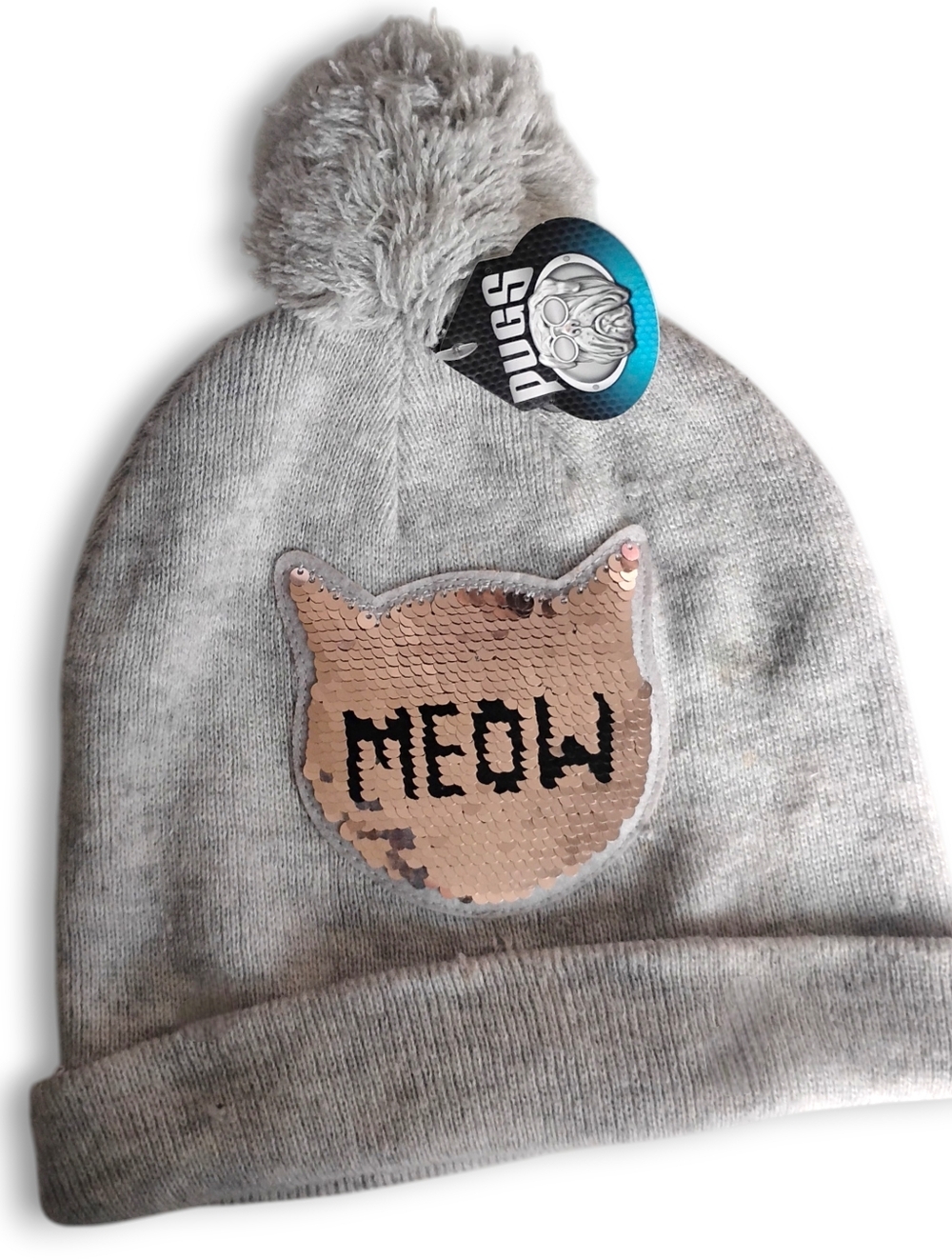 PUGS - Brand New Light Gray Color Shifting Sequin Cat Lovers Pom Pom Beanie
